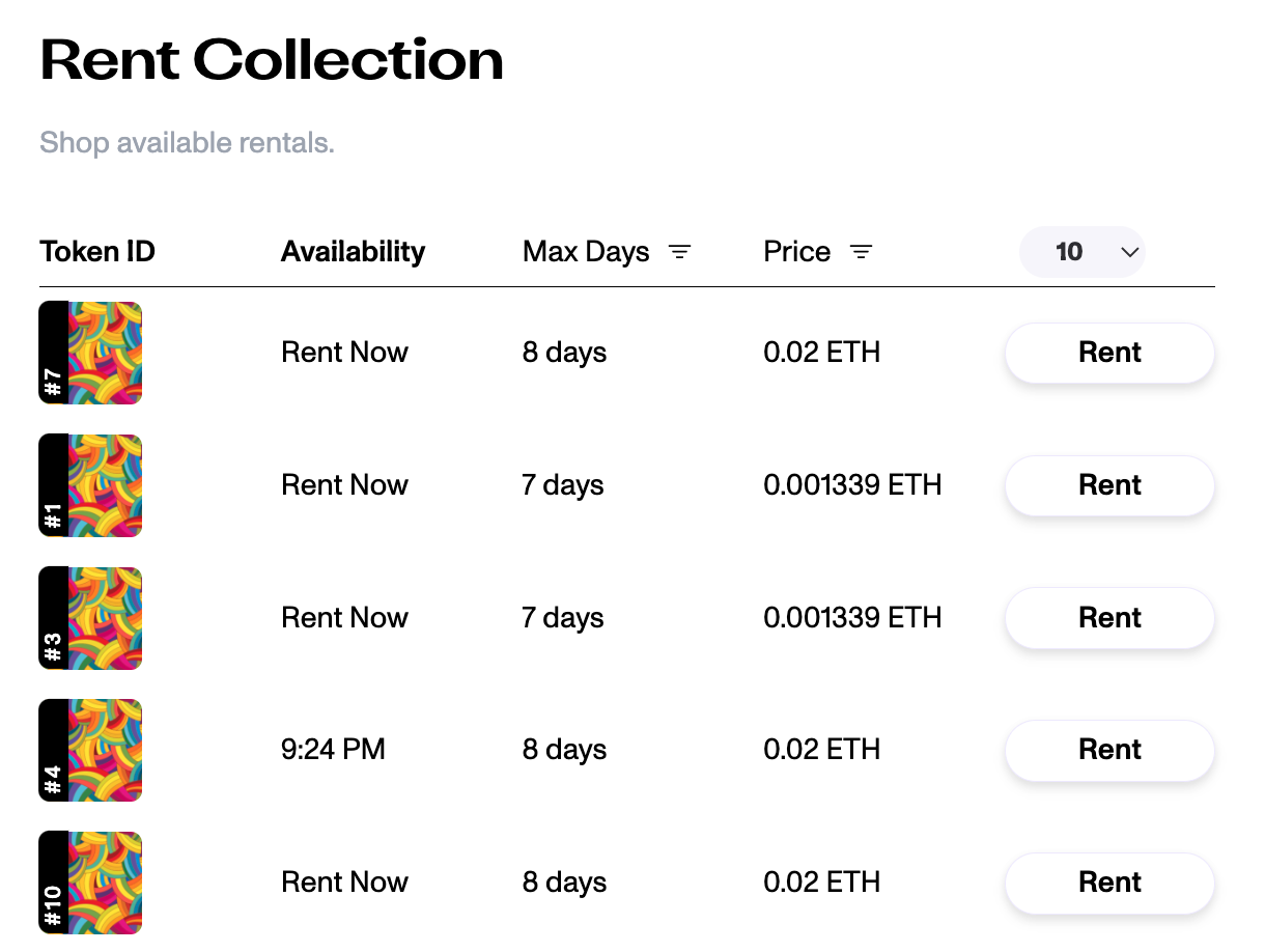 Available Rentables are listed on the token's collection page.